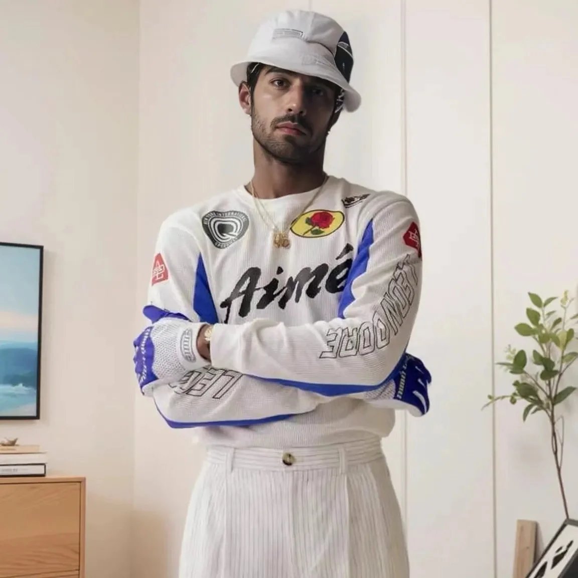 Aimé Leon Dore Racing Long-Sleeve Jersey White-Blue Rose Patch
