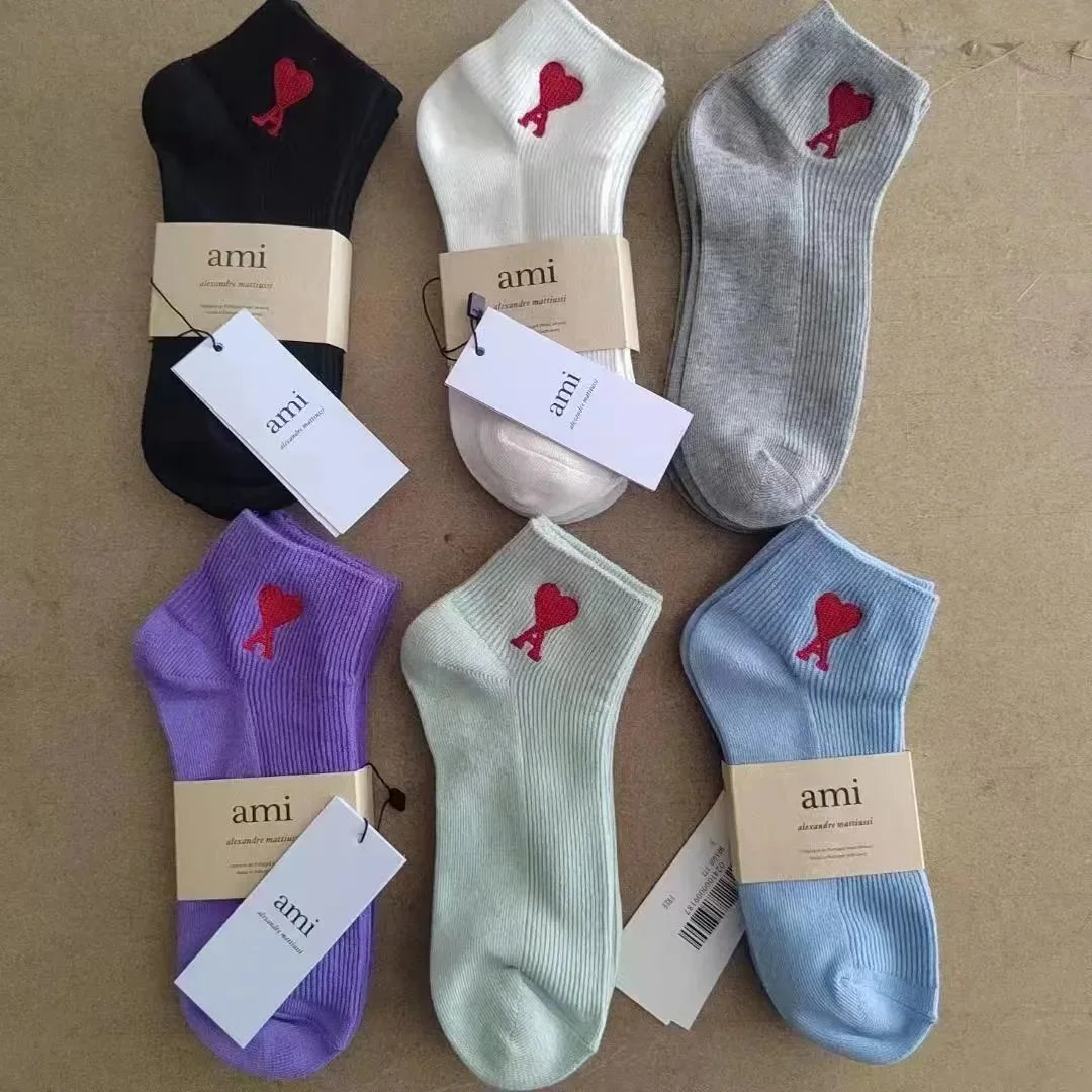 Ami Alexandre Mattiussi Heart Logo Ankle Socks - Black White Gray Purple Mint Blue