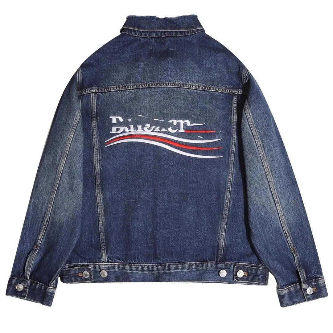 Balenciaga Denim Jacket with Embroidered Logo and Red-White Waves