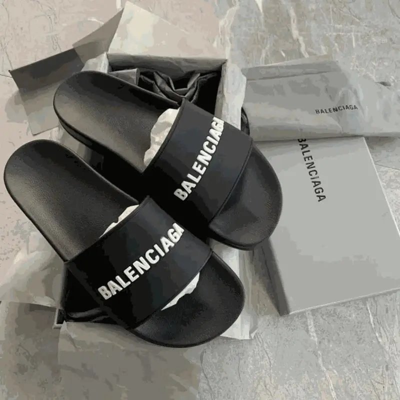 Balenciaga Logo Slide Sandals Black White Strap