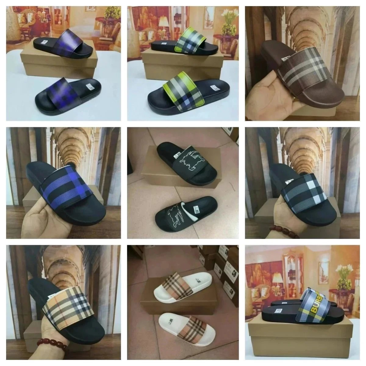 Burberry Check Slide Sandals with Logo Band - Black Blue Plaid