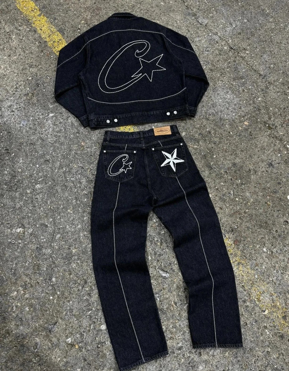 C2H4 Star & C Logo Denim Jacket and Jeans Set - Black