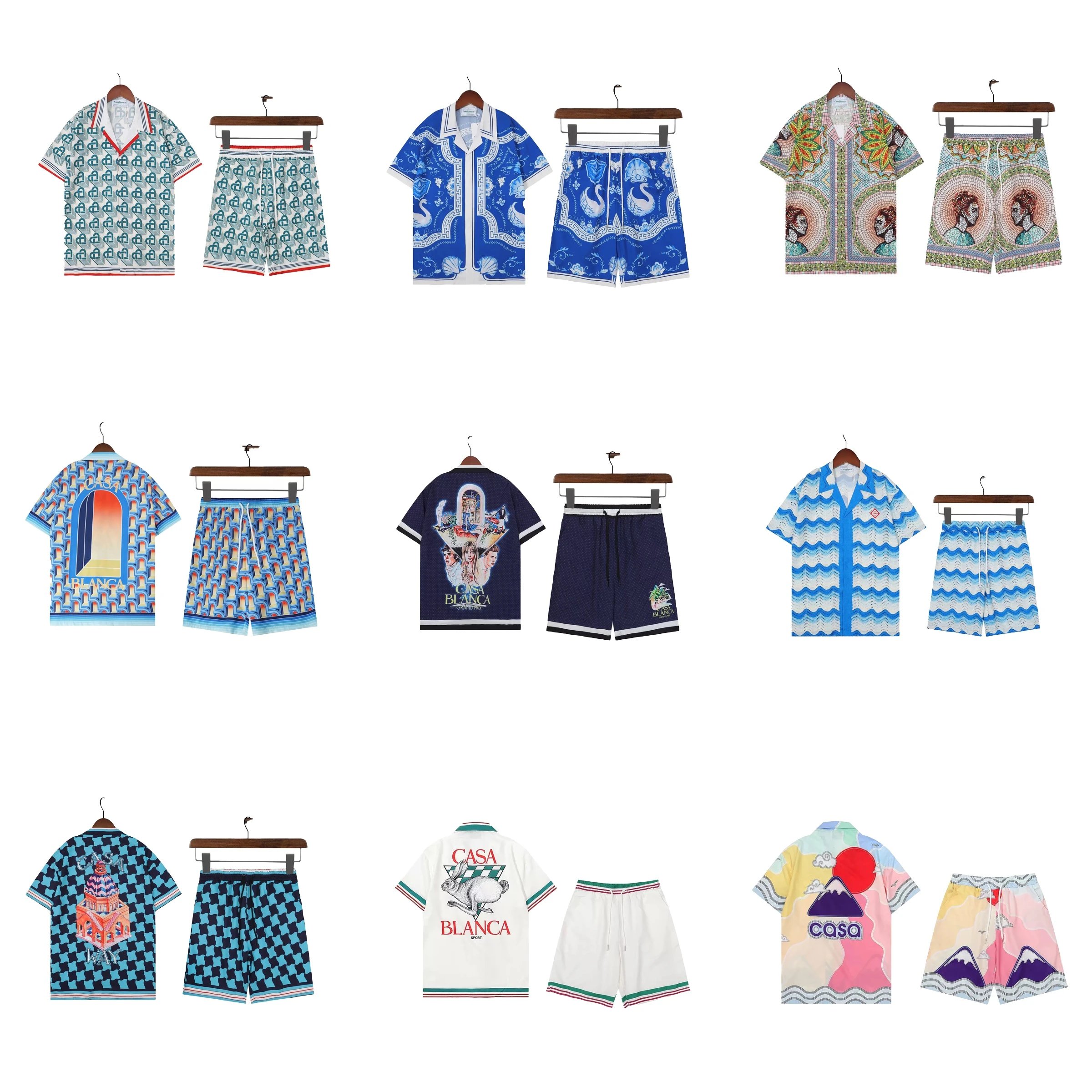 CASA BLANCA Swans Blue Pattern Short-Sleeve Shirt and Shorts Set