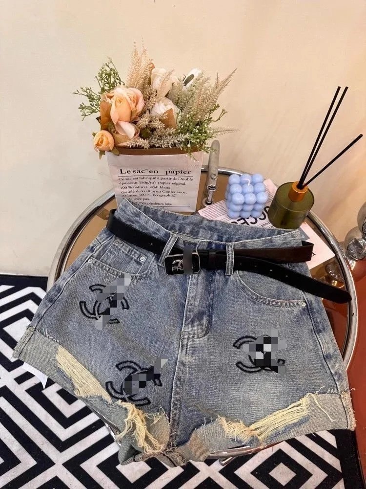 Chanel Embroidered Distressed Denim Shorts - Light Wash