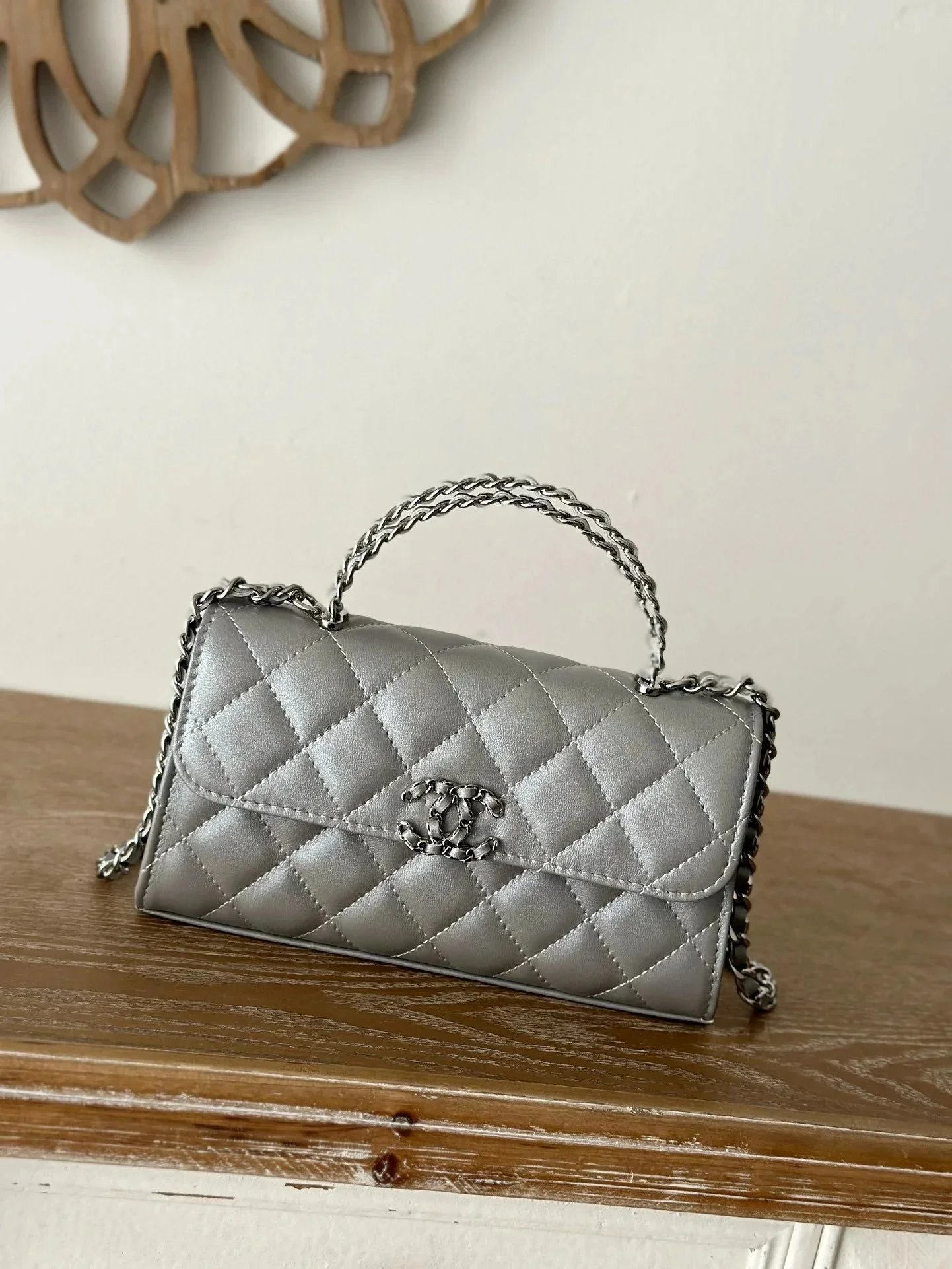 Chanel Mini Flap Bag Silver Quilted Lambskin with Chain Handle