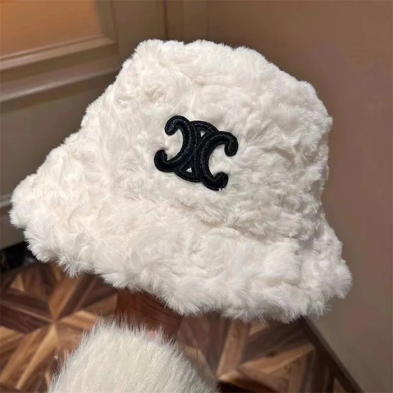 Chanel White Faux Fur Bucket Hat with Interlocking CC Logo