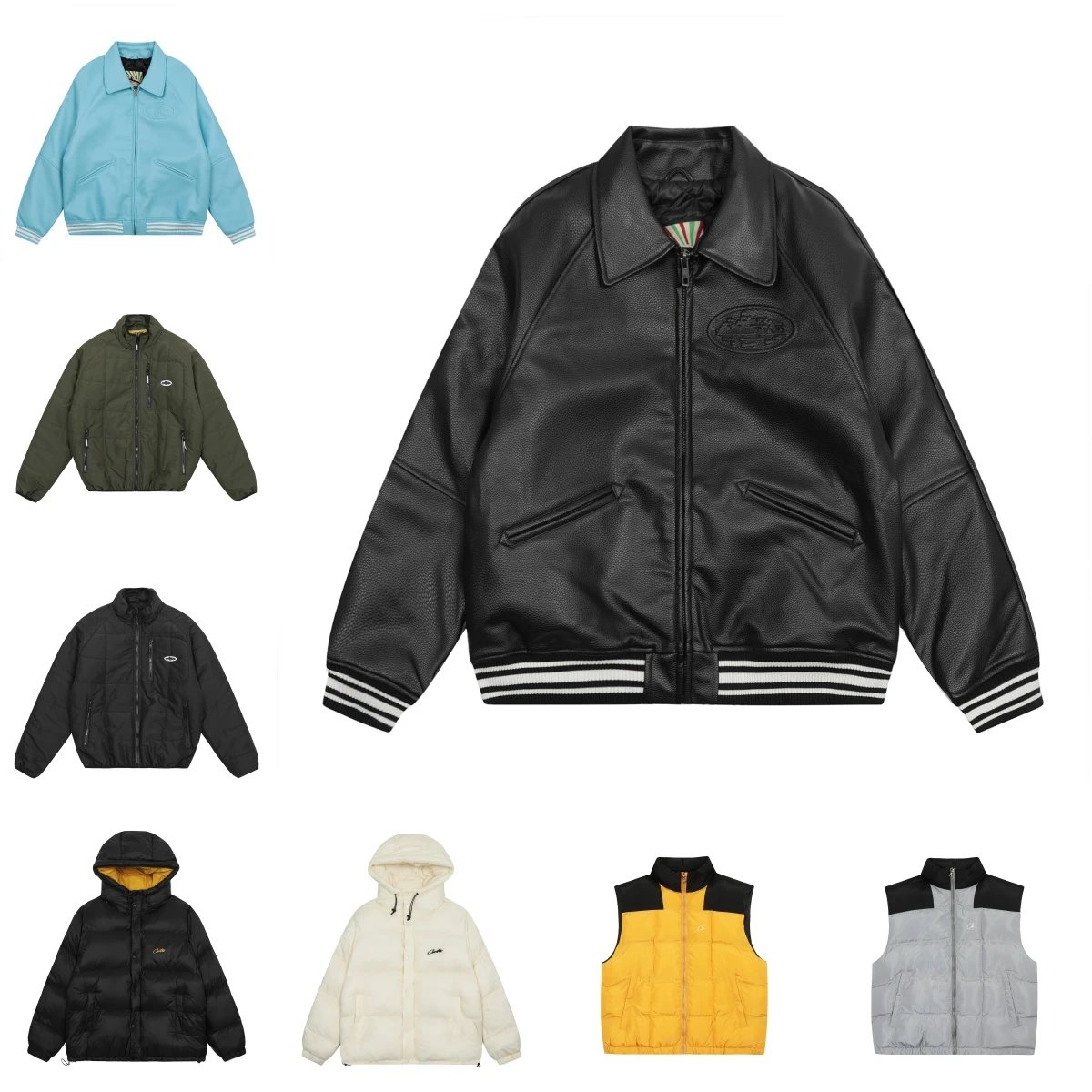 Corteiz Black Leather varsity Jacket with Embossed Logo and Striped Cuffs