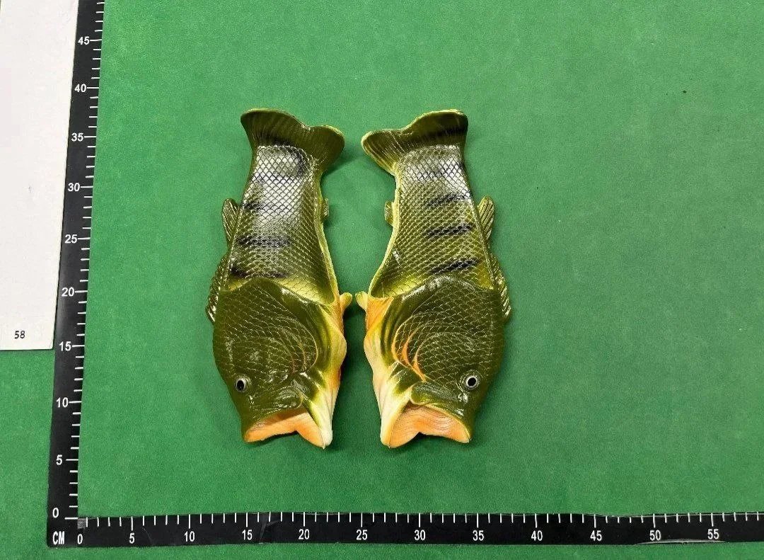 FishGrip Bass-Shape Rubber Slippers - Olive Green with Black Stripes