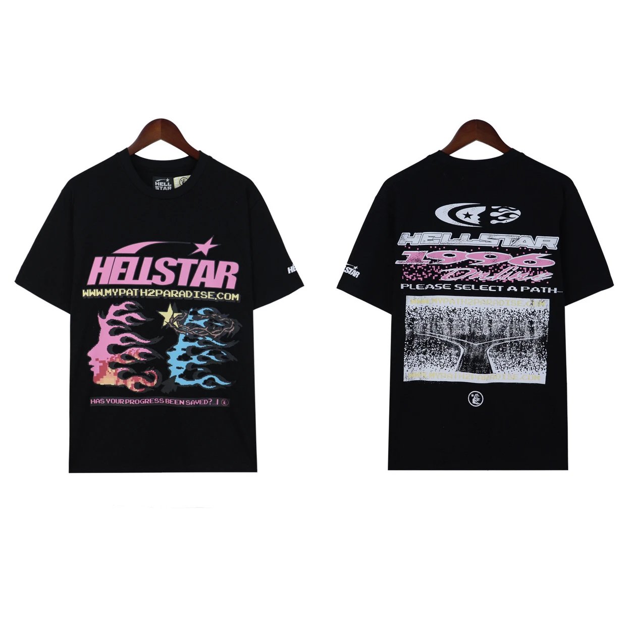 HELLSTAR 1996 Online Graphic T-Shirt - Black Pixel Flame Design