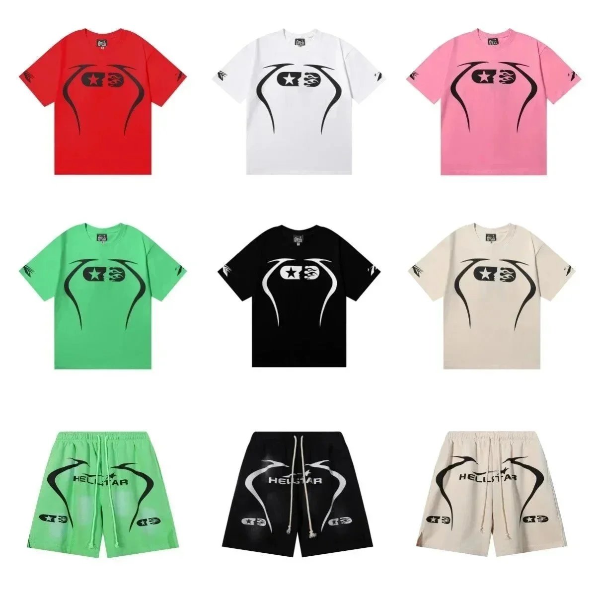 HELLSTAR Graphic T-Shirt and Shorts Set - Red Black Pink Green Beige