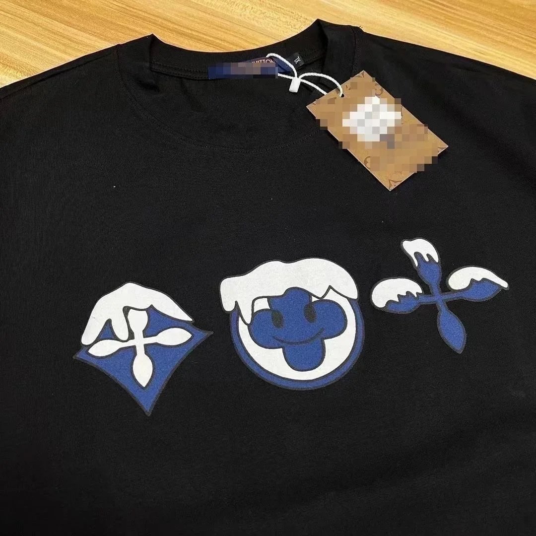 Louis Vuitton Black T-Shirt with Blue White Abstract Floral Print