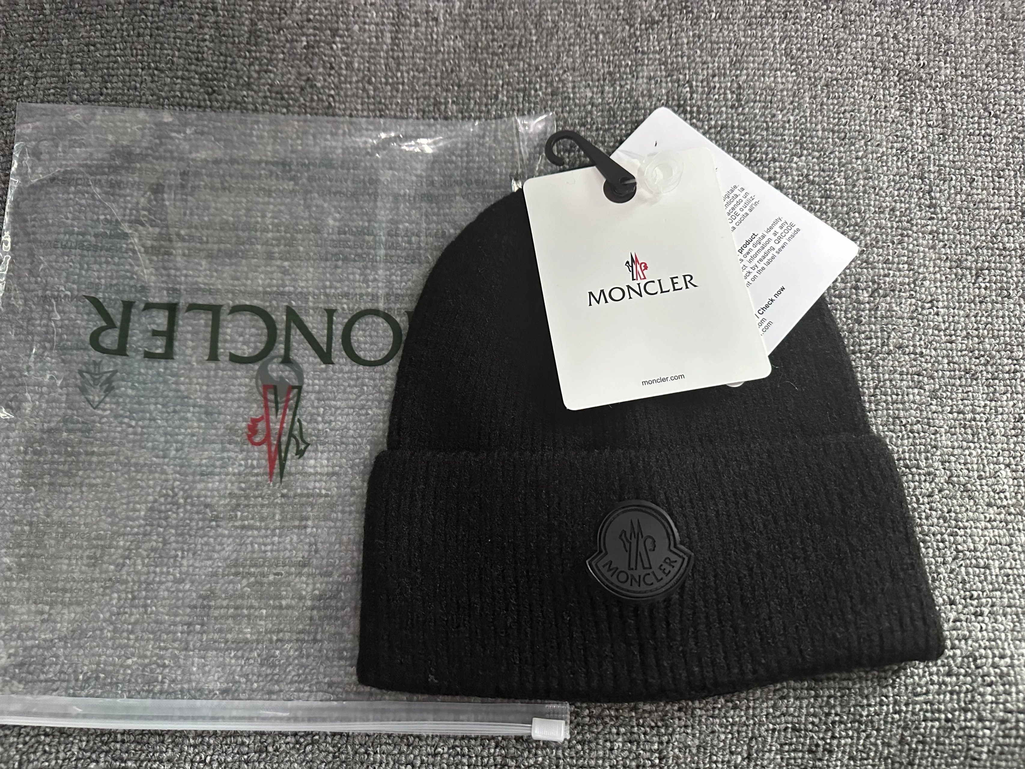 Moncler Black Ribbed Beanie with Rubber Logo Patch