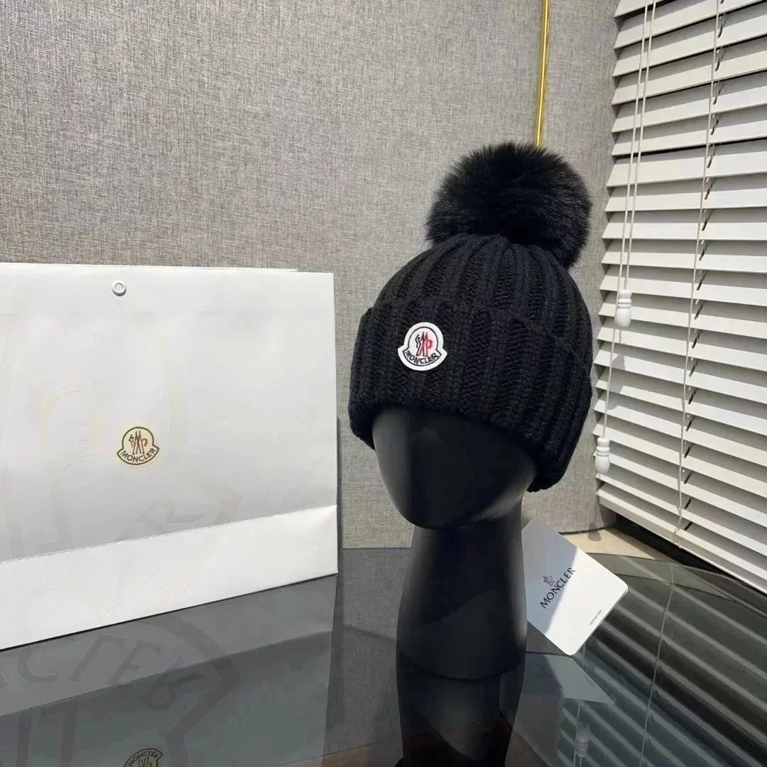 Moncler Ribbed Knit Beanie with Fur Pom-Pom - Black