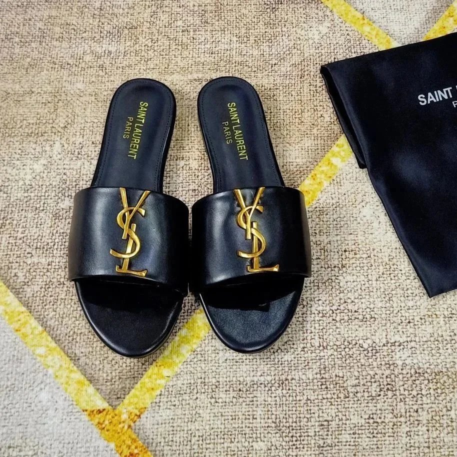 Saint Laurent Tribute Slide Sandals Black Gold YSL Logo