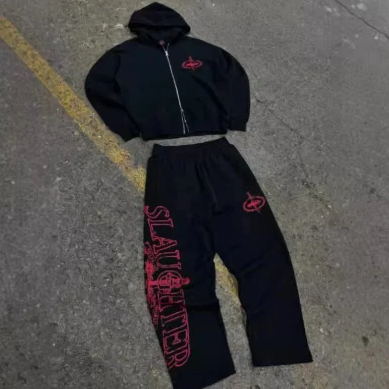 Slaughter Black Zip-Up Hoodie and Pants Set with Red Logo