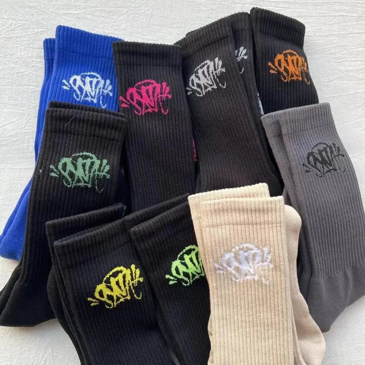 SNTK Graffiti Logo Crew Socks - Multi-Color Embroidered Design