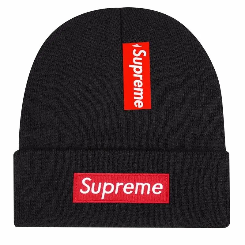 Supreme Box Logo Beanie Black with Dual Red Logo Patches